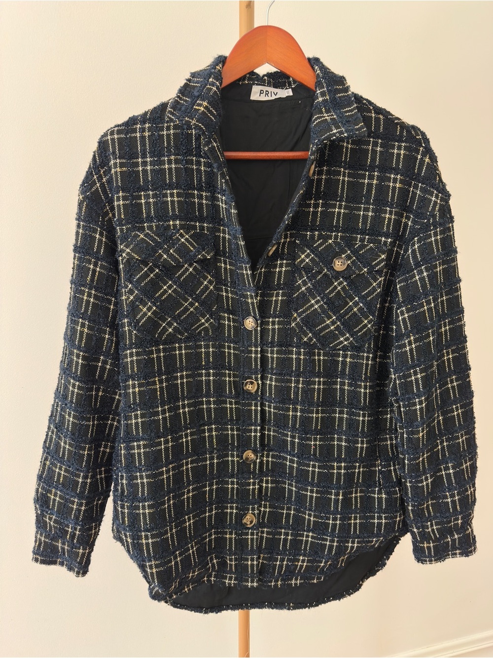 Priv Oversized Navy Bouclé Tweed Shacket – Size XS (Oversized Fit)